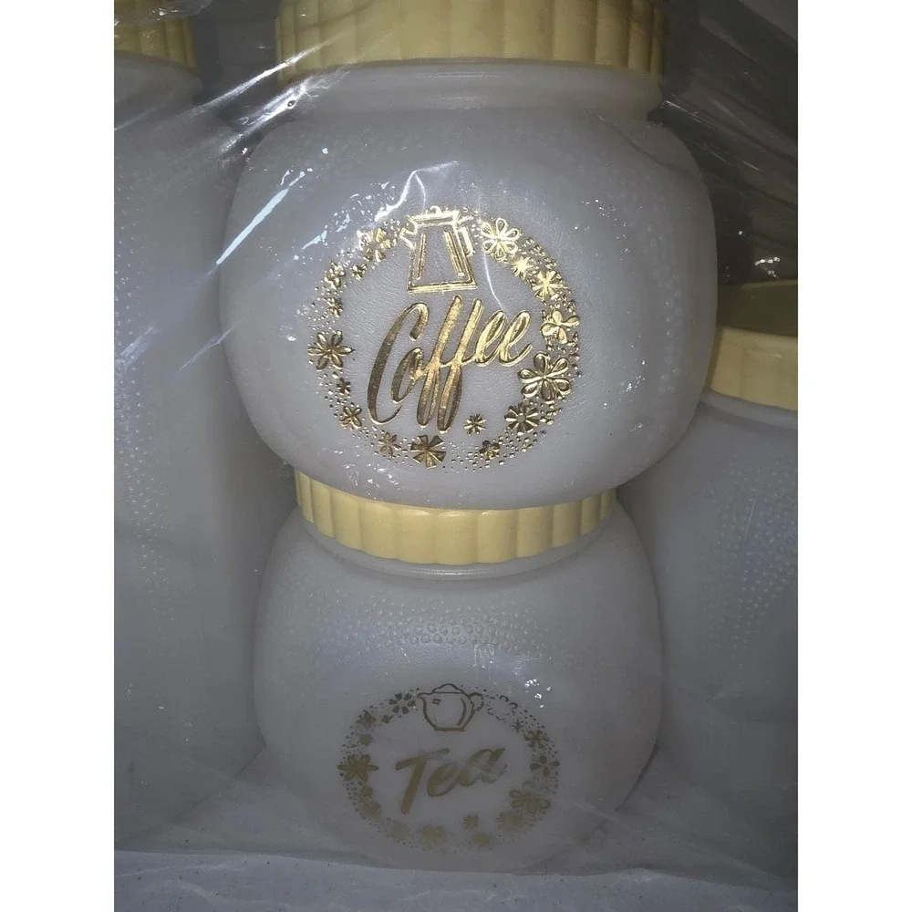 Vtg Bee Plastics Kitchen Canister Set 4pc Flour Sugar Coffee Tea Yellow MCM NEW‎